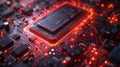 Futuristic Circuit Board Background with Glowing Red Lights and Advanced Microchip Technology