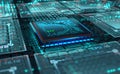 Futuristic circuit board. CPU 3D illustration. Motherboard digital chip Royalty Free Stock Photo