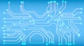 Futuristic Circuit Board Design on Blue Grid Background with Glowing Connections and Digital Pathways Royalty Free Stock Photo