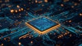 Futuristic circuit board displays glowing blue, orange lights. Complex tech design with integrated processor chip. Advanced tech