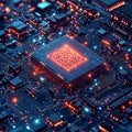 Digital Brain on Microchip: Futuristic Circuit Board with Glowing CPU Symbol, representing AI, neural networks. Royalty Free Stock Photo