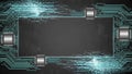 Futuristic circuit board frame with glowing lines and metallic elements Royalty Free Stock Photo