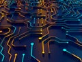 Futuristic circuit board with glowing digital lines symbolizes technology and connectivity. Royalty Free Stock Photo