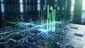 A futuristic circuit board with glowing green and blue data streams and bar graphs hovering above it Royalty Free Stock Photo