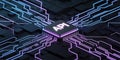 Futuristic circuit board with glowing lines and an API chip at the center application Royalty Free Stock Photo