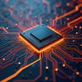 Futuristic circuit board with glowing orange lines displays central processor. Glowing orange wires connect to processor. High