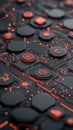Futuristic circuit board with glowing orange lines and hexagonal shapes, abstract technology pattern, dark background Royalty Free Stock Photo