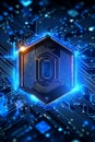 Futuristic circuit board with hexagonal processor and advanced data processing technology design Royalty Free Stock Photo