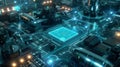 Futuristic circuit board with high-tech elements and blue lighting