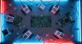 Futuristic circuit board with neon lights and electronic components tech concept Royalty Free Stock Photo
