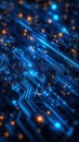 Futuristic circuit board pattern glowing blue with interconnected lines and nodes in a high-tech design Royalty Free Stock Photo