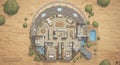 Futuristic circular home floor plan set in a desert environment. The layout shows a Royalty Free Stock Photo