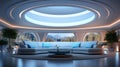 Futuristic circular Living room in refined style mainly in light blue color with large rings for warm lighting