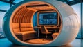 Futuristic Circular Workspace with Digital Screen and Desk â High-Tech Interior Design Royalty Free Stock Photo