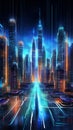 Futuristic City Abstract Render - Skyscrapers Made of Circuit Boards and Digital Data Streams Royalty Free Stock Photo