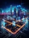 Futuristic City Abstract Render - Skyscrapers Made of Circuit Boards and Digital Data Streams Royalty Free Stock Photo