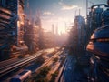Futuristic city with AI transportation and efficient infrastructure