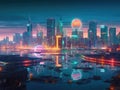 Futuristic city with AIgenerated hologram
