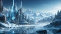 futuristic city on alien frozen planet, generative ai illustration Royalty Free Stock Photo