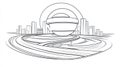 Futuristic Cityscape with Sphere and Interchange - Line Art Royalty Free Stock Photo