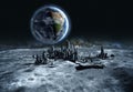 Futuristic city, base, town on moon. The space view of the planet earth. expedition. 3d rendering Royalty Free Stock Photo