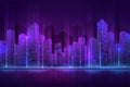 Futuristic city building. High neon cityscape, abstract night downtown panorama. Digital smart town, 3d modern property