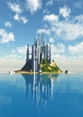 Futuristic city built on an island in the middle of an alien planet, 3d illustration