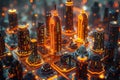 futuristic city with computer networked lines around them stock photography, in the style of dark sky-blue and light Royalty Free Stock Photo