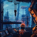 Futuristic city construction from control room, digital artwork showing urban development Royalty Free Stock Photo