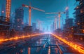 Futuristic city construction scene with multiple cranes, unfinished buildings. Digital model showcases urban development, Royalty Free Stock Photo