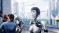 Futuristic city. 3d people and robots. Future concept. 3d rendering.