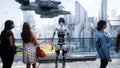 Futuristic city. 3d people and robots. Future concept. 3d rendering.