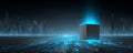 Futuristic city digital cube neon glow cyber landscape sci fi skyline blue light technology data network innovation minimal Royalty Free Stock Photo