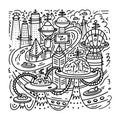 Futuristic city in doodle style. Fantasy city linear art. Vector illustration