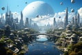 Futuristic city downtown. Fantasy city skyline on an alien planet. by generative Ai Royalty Free Stock Photo