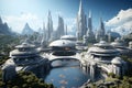 Futuristic city downtown. Fantasy city skyline on an alien planet. by generative Ai Royalty Free Stock Photo