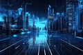 Futuristic city on electronic circuit background, development of modern digital technologies concept Royalty Free Stock Photo