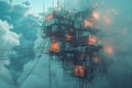 Futuristic City Enveloped in Smoke and Fog, A surreal interpretation of IT infrastructure with floating servers and wires, AI