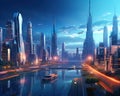 Futuristic city in evening tall buildings view