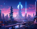 Futuristic city in evening tall buildings view