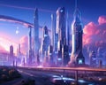 Futuristic city in evening tall buildings view