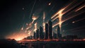futuristic city with fire trails in sky at sunrise or sunset, neural network generated art