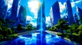 Futuristic city with fountain in the foreground and blue sky in the background. Generative AI