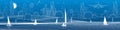Futuristic City infrastructure panoramic illustration. Airplane fly. Night town at background. Sailing yachts on water. White line