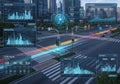 Futuristic city intersection with augmented reality data visualization Royalty Free Stock Photo
