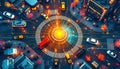Futuristic city intersection with autonomous vehicles and digital data overlay representing smart city technology Royalty Free Stock Photo