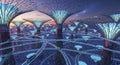 Futuristic city landscape with glowing tree-like structures and interconnected pathways against a sunset sky. concept of advanced Royalty Free Stock Photo
