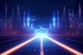 Futuristic city landscape with neon lights and planet Royalty Free Stock Photo