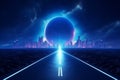 Futuristic city landscape with neon lights and planet Royalty Free Stock Photo