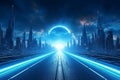 Futuristic city landscape with neon lights and planet Royalty Free Stock Photo